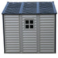 Duramax Vinyl Shed 10.5 x 8 Woodside Plus with window and metal roof, offering spacious storage.