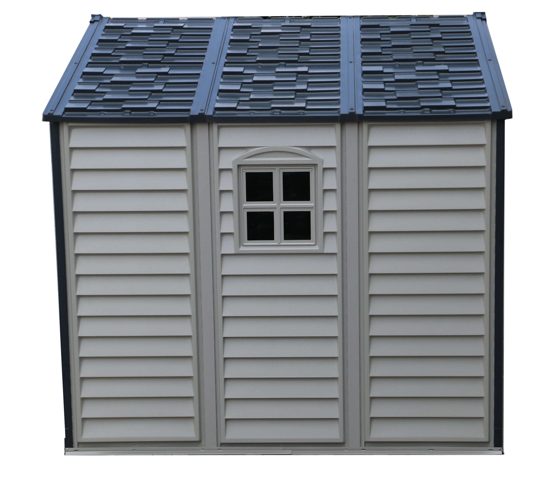 Duramax Vinyl Shed 10.5 x 8 Woodside Plus with window and metal roof, offering spacious storage.