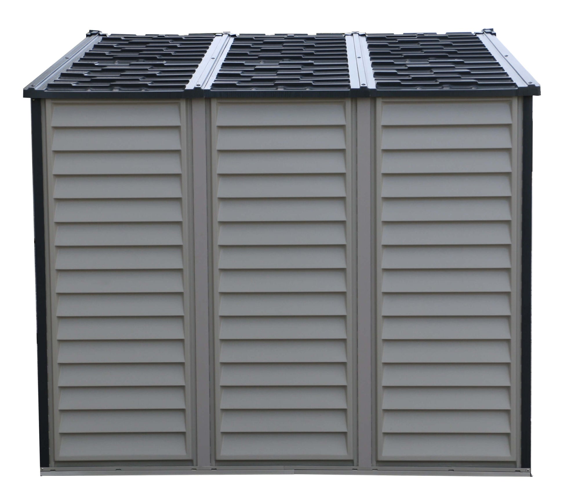 Duramax Vinyl Shed 10.5 x 8 Woodside Plus exterior view showcasing durable vinyl material and spacious design.