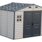 Duramax Vinyl Shed 10.5 x 8 Woodside Plus with Foundation featuring reinforced wall columns and double doors.