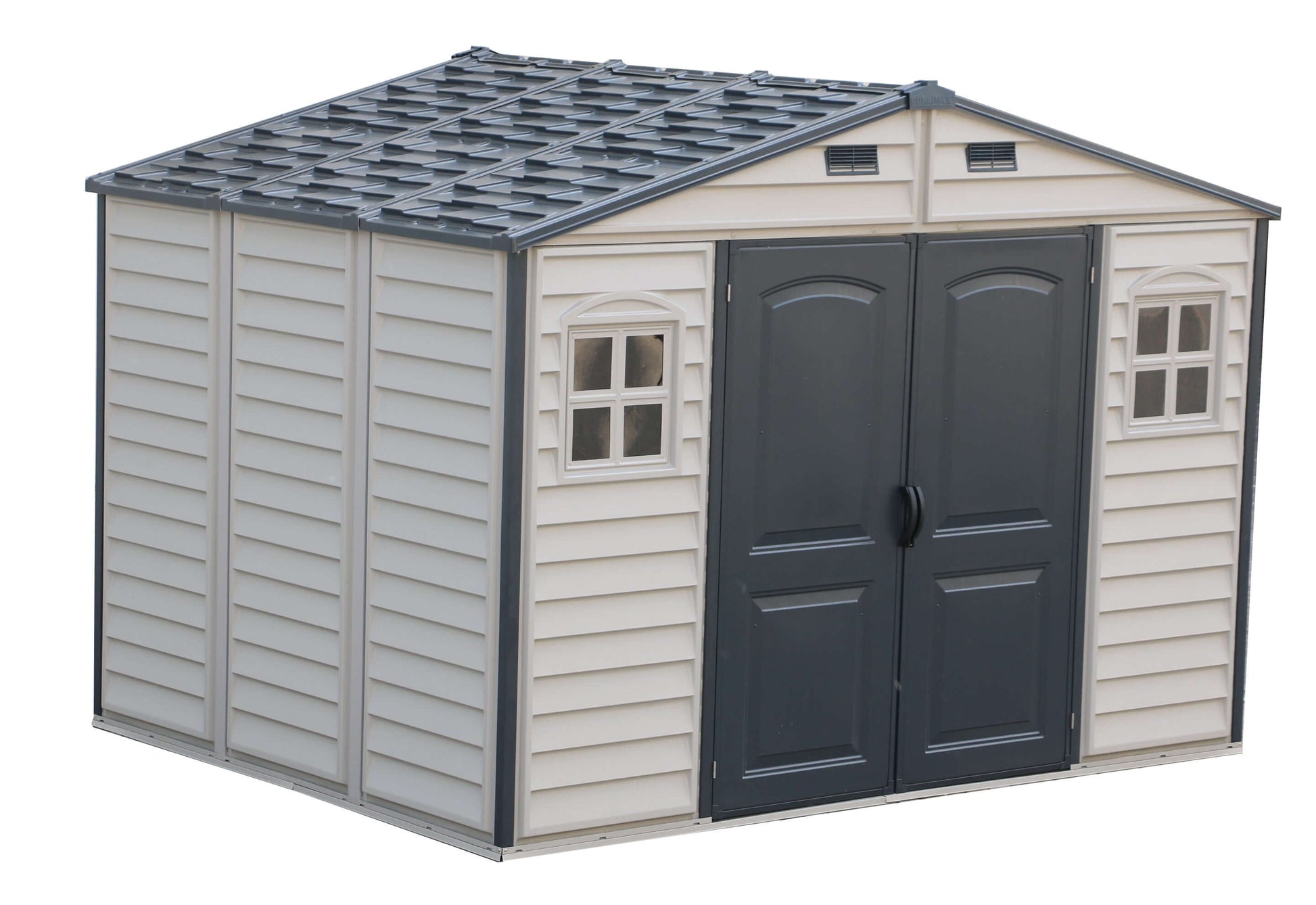 Duramax Vinyl Shed 10.5 x 8 Woodside Plus with Foundation featuring reinforced wall columns and double doors.