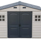 Duramax Vinyl Shed 10.5 x 8 Woodside Plus with double doors and side windows, providing ample storage space.