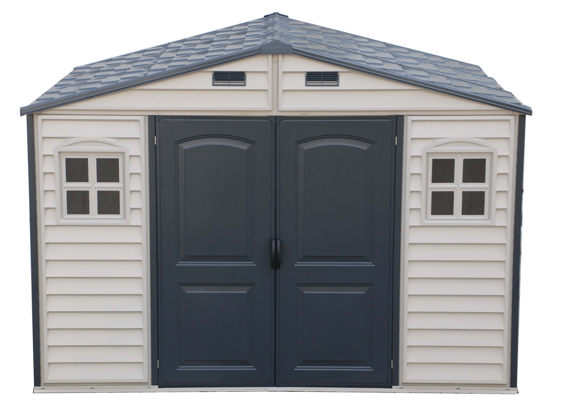 Duramax Vinyl Shed 10.5 x 8 Woodside Plus with double doors and side windows, providing ample storage space.