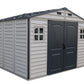 Duramax Vinyl Shed 10.5 x 8 Woodside Plus with foundation, featuring double doors and windows for storage.