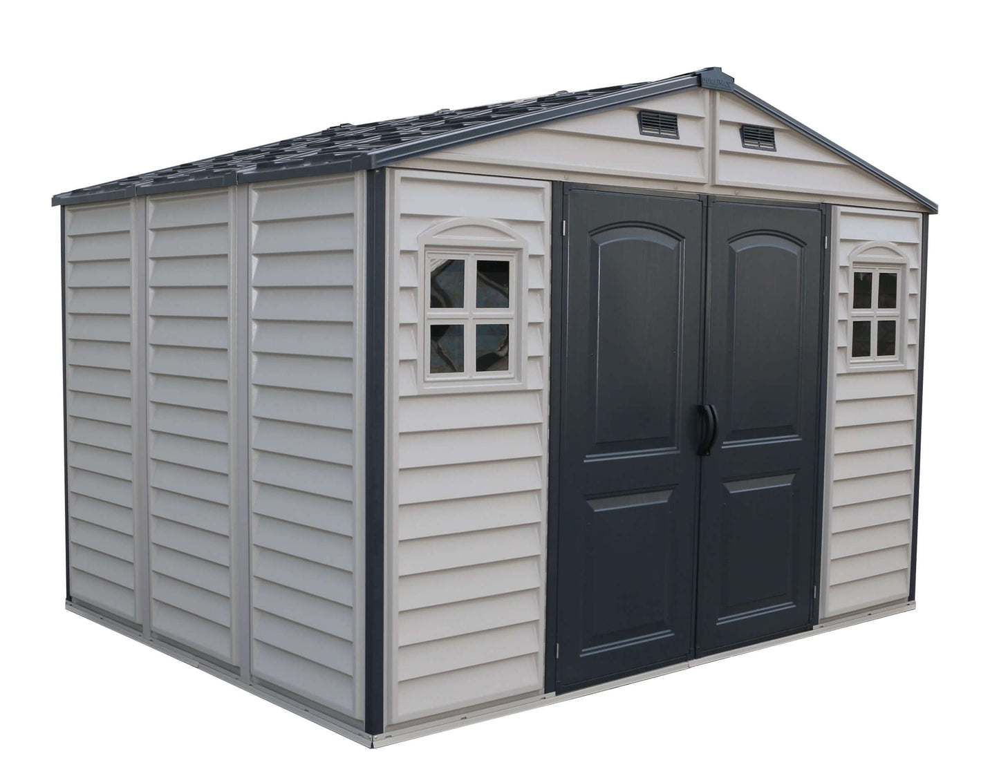 Duramax Vinyl Shed 10.5 x 8 Woodside Plus with foundation, featuring double doors and windows for storage.