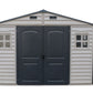 Duramax Vinyl Shed 10.5 x 8 Woodside Plus with double doors and windows, ideal for outdoor storage.