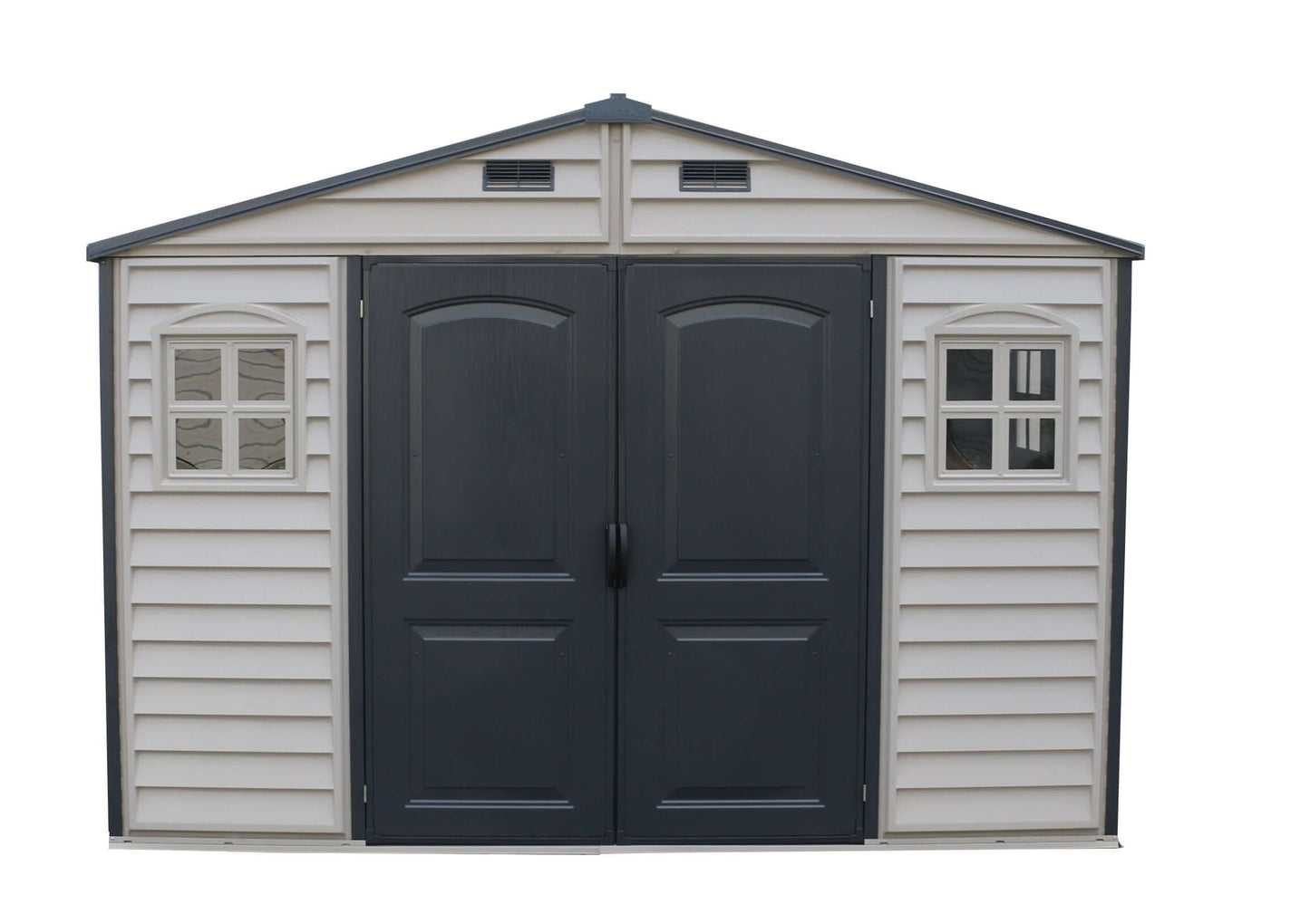 Duramax Vinyl Shed 10.5 x 8 Woodside Plus with double doors and windows, ideal for outdoor storage.