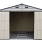 Duramax Vinyl Shed 10.5 x 8 Woodside Plus with open double doors and interior storage space.