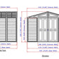 Duramax Vinyl Shed dimensions illustration with side view and elevation, showcasing 10.5 x 8 design and features.