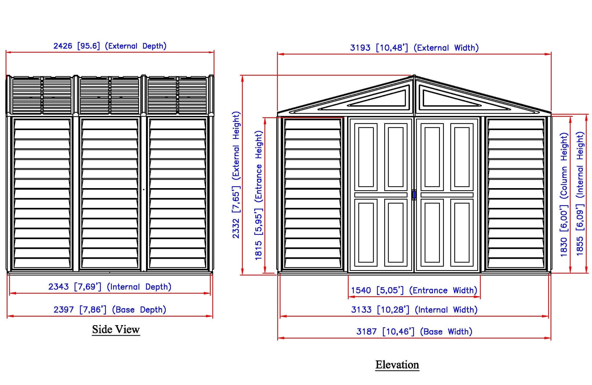 Duramax Vinyl Shed dimensions illustration with side view and elevation, showcasing 10.5 x 8 design and features.