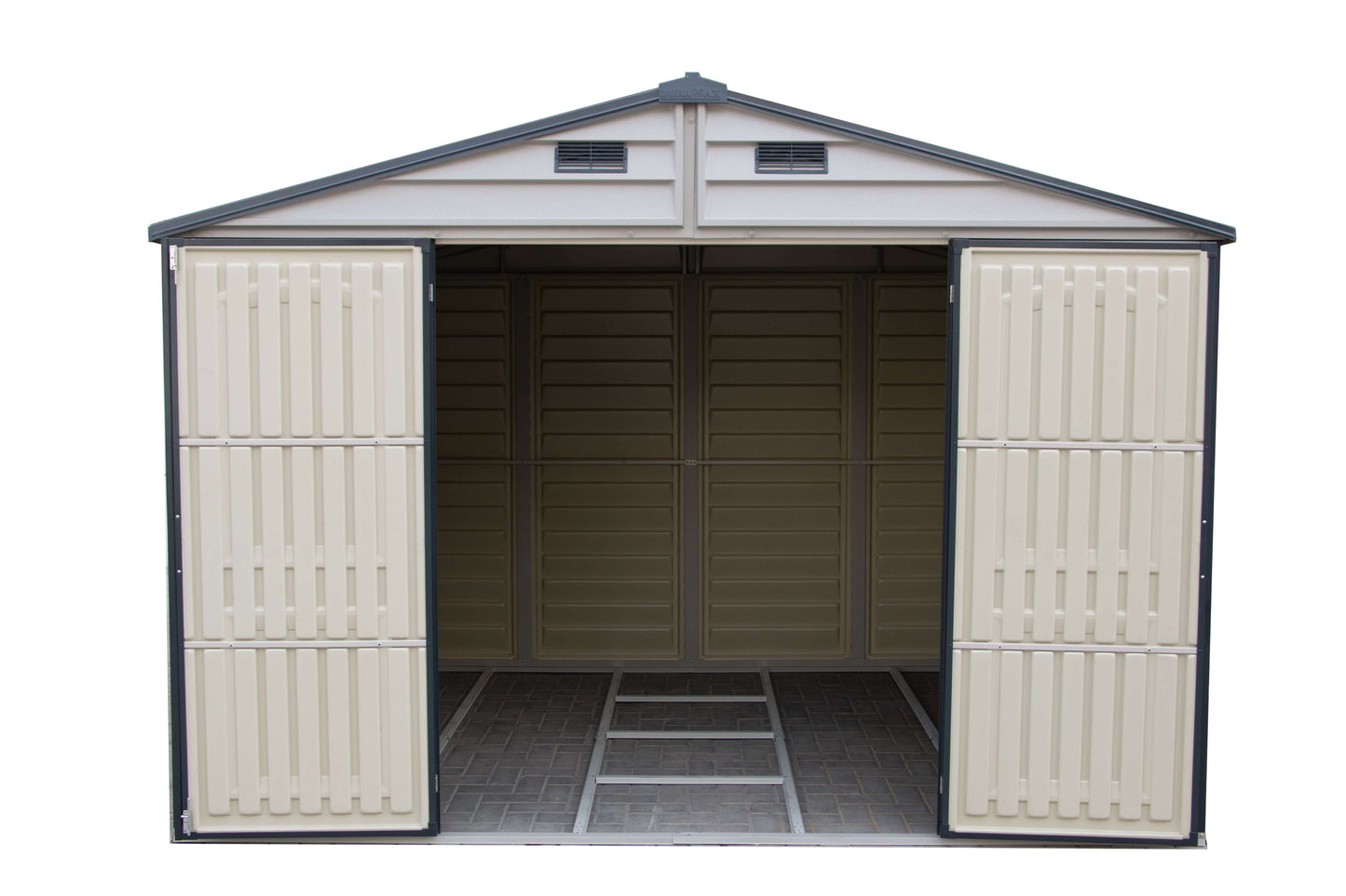 Duramax Vinyl Shed 10.5 x 8 Woodside Plus with open double doors and interior storage space.