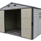 Duramax Vinyl Shed 10.5 x 8 Woodside Plus with open doors, providing ample storage space.