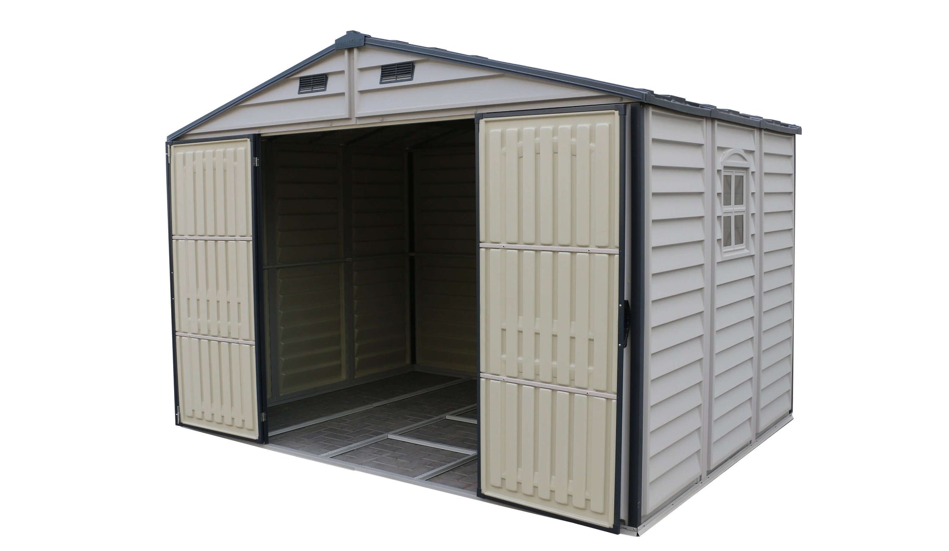 Duramax Vinyl Shed 10.5 x 8 Woodside Plus with open doors, providing ample storage space.