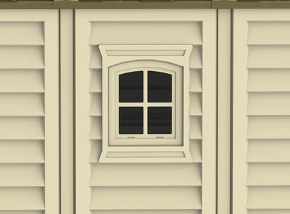Duramax Vinyl Shed featuring a classic arched window design with grid pattern.