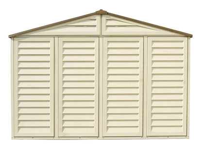 Duramax Vinyl Shed 10.5x10 Woodbridge Plus front view with slatted design and peaked roof.