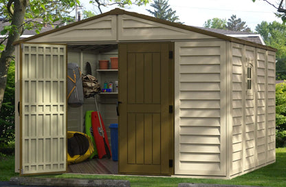 Duramax Vinyl Shed 10.5x10 Woodbridge Plus with open doors showcasing interior storage space and organization.