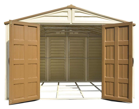 Duramax Vinyl Shed 10.5x10 Woodbridge Plus with open double doors, showcasing spacious interior design.