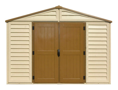 Duramax Vinyl Shed 10.5x10 Woodbridge Plus with double doors and slatted design.