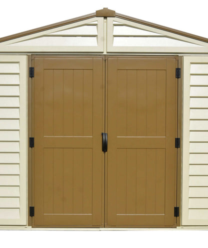 Duramax Vinyl Shed 10.5x10 Woodbridge Plus with double doors and a modern design.