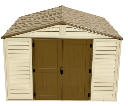 Duramax Vinyl Shed 10.5x10 Woodbridge Plus with brown doors and a sloped roof, perfect for outdoor storage.