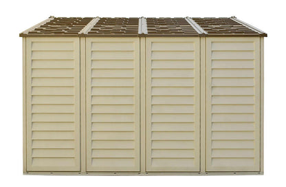 Duramax Vinyl Shed 10.5x10 Woodbridge Plus with foundation, side view showcasing durable panels and roof.
