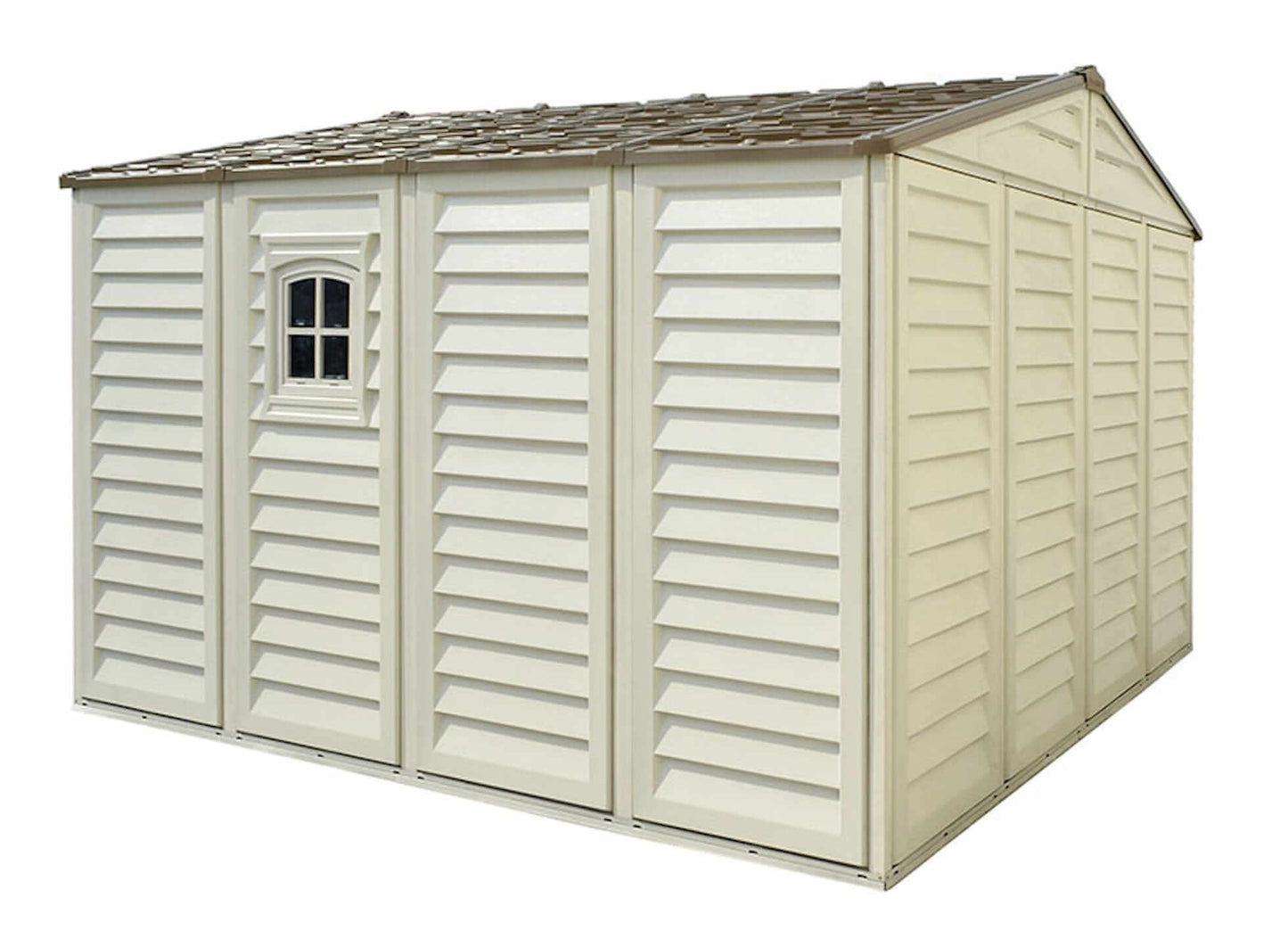Duramax Vinyl Shed 10.5x10 Woodbridge Plus with large storage capacity and unique window design.