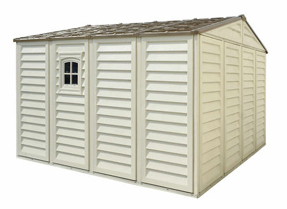 Duramax Vinyl Shed 10.5x10 Woodbridge Plus with large storage capacity and unique window design.
