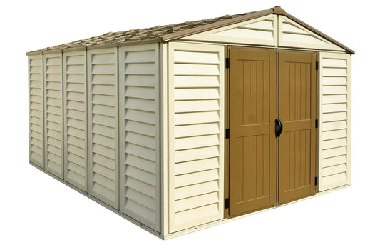 Duramax Vinyl Shed 10.5x10 Woodbridge Plus with double doors and sloped roof for outdoor storage. 