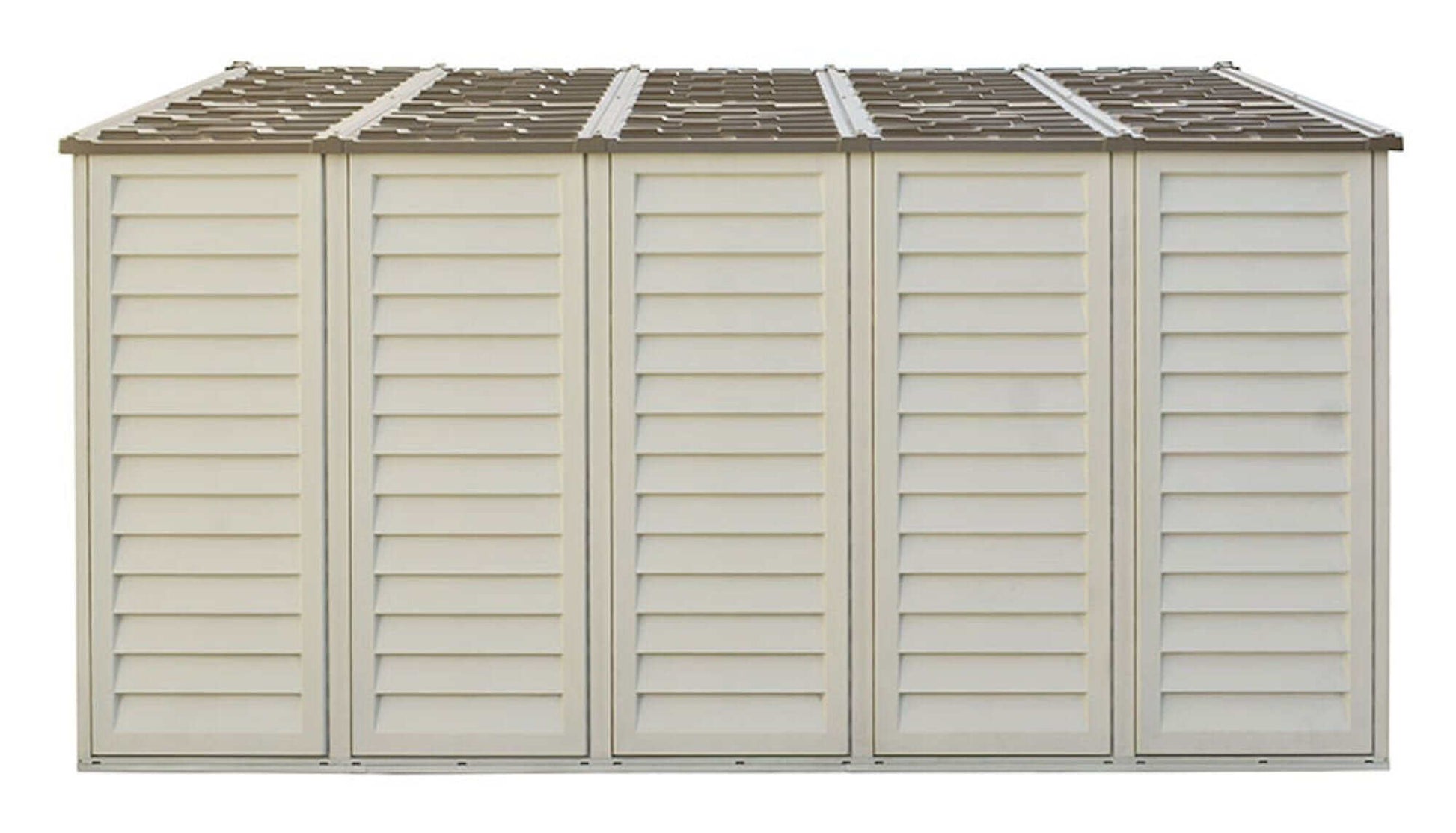 Duramax Vinyl Shed 10.5x13 Woodbridge Plus with Foundation, outdoor storage solution with a stylish design.