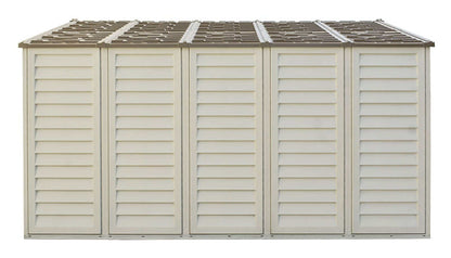 Duramax Vinyl Shed 10.5x13 Woodbridge Plus with Foundation, outdoor storage solution with a stylish design.
