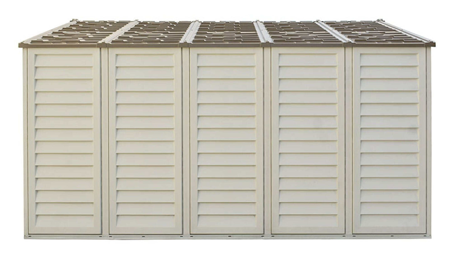 Duramax Vinyl Shed 10.5x13 Woodbridge Plus with Foundation, outdoor storage solution with a stylish design.