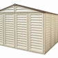 Duramax Vinyl Shed 10.5x13 Woodbridge Plus with Foundation, spacious outdoor storage solution.