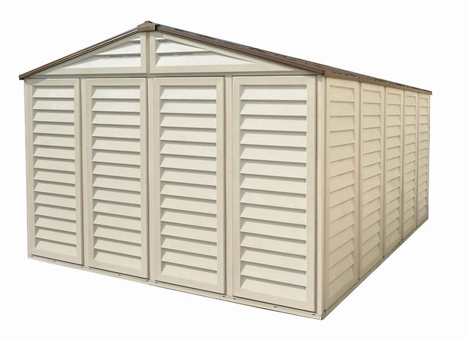 Duramax Vinyl Shed 10.5x13 Woodbridge Plus with Foundation, spacious outdoor storage solution.