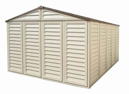 Duramax Vinyl Shed 10.5x13 Woodbridge Plus with Foundation, spacious outdoor storage solution.