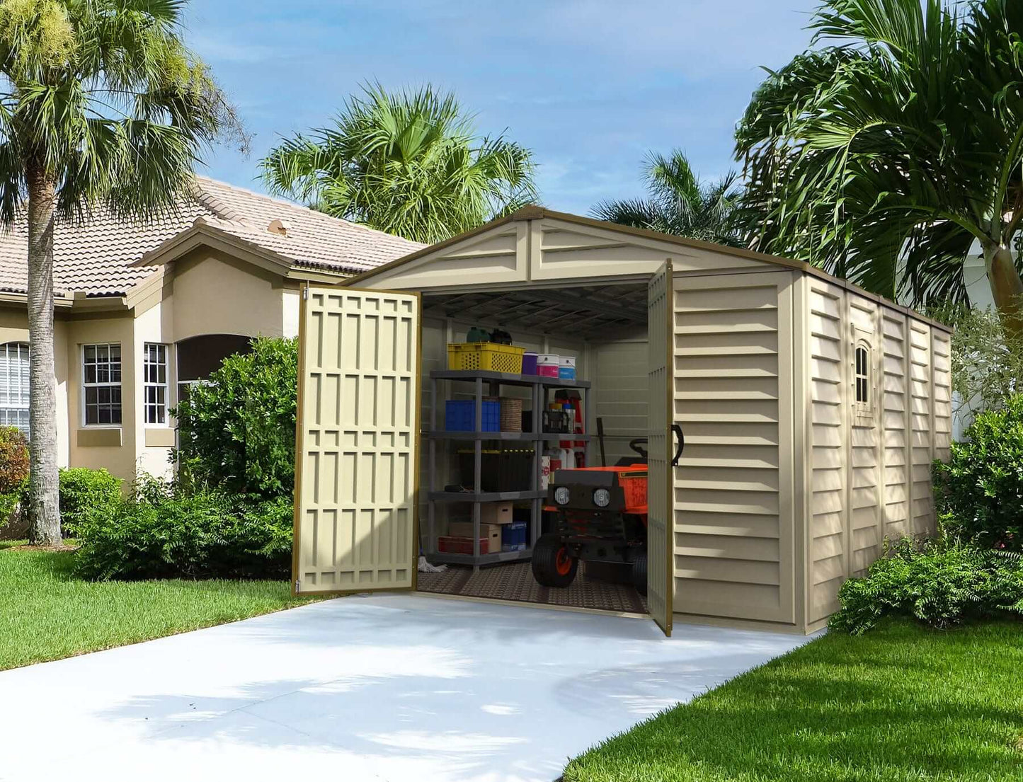 Duramax Vinyl Shed 10.5x13 Woodbridge Plus with foundation, spacious outdoor storage for tools and equipment.