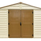 Duramax Vinyl Shed 10.5x13 Woodbridge Plus with double doors and a sloped roof design.