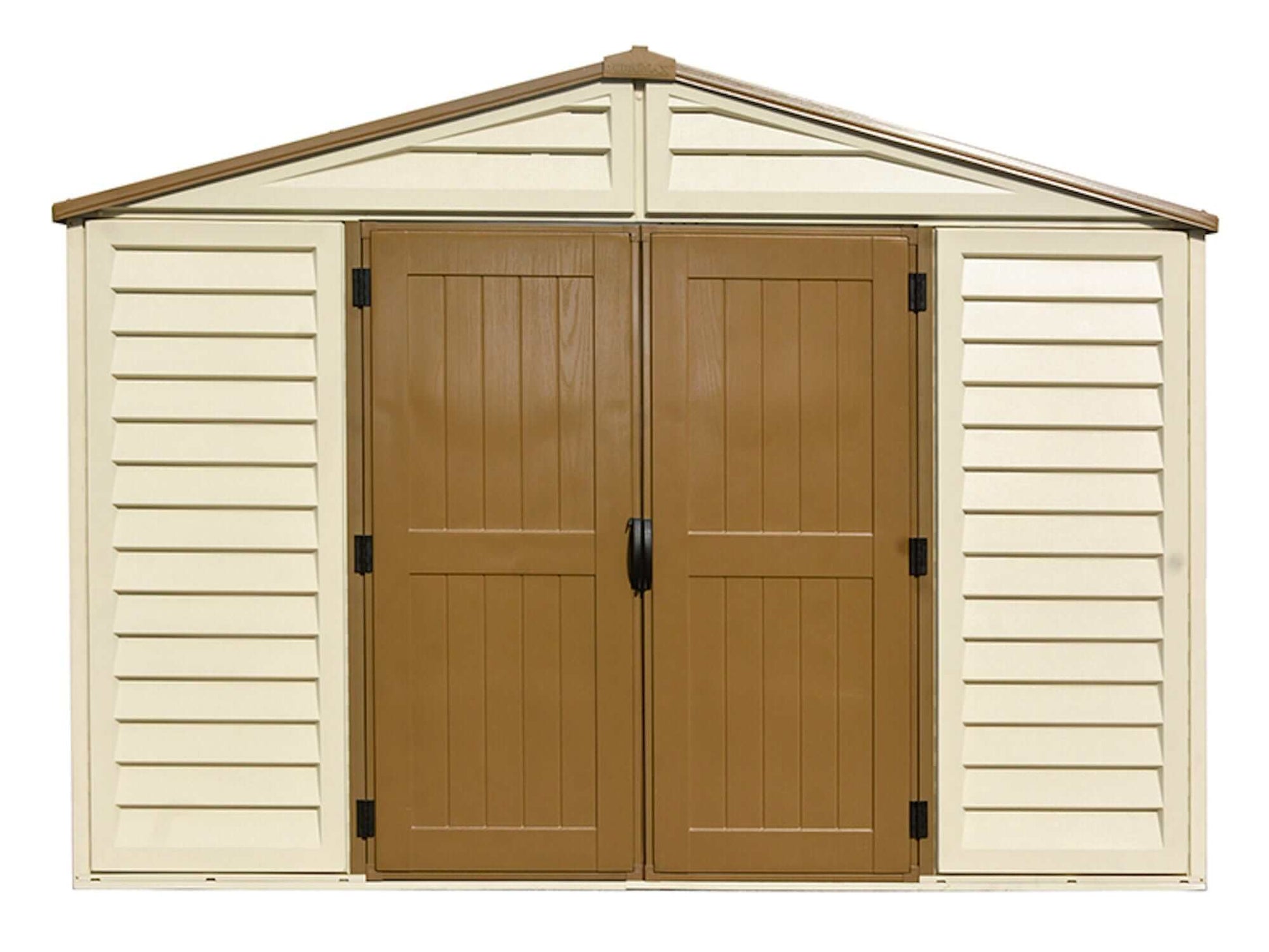 Duramax Vinyl Shed 10.5x13 Woodbridge Plus with double doors and a sloped roof design.