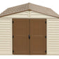 Duramax Vinyl Shed 10.5x13 Woodbridge Plus with brown doors and a peaked roof for outdoor storage solutions.