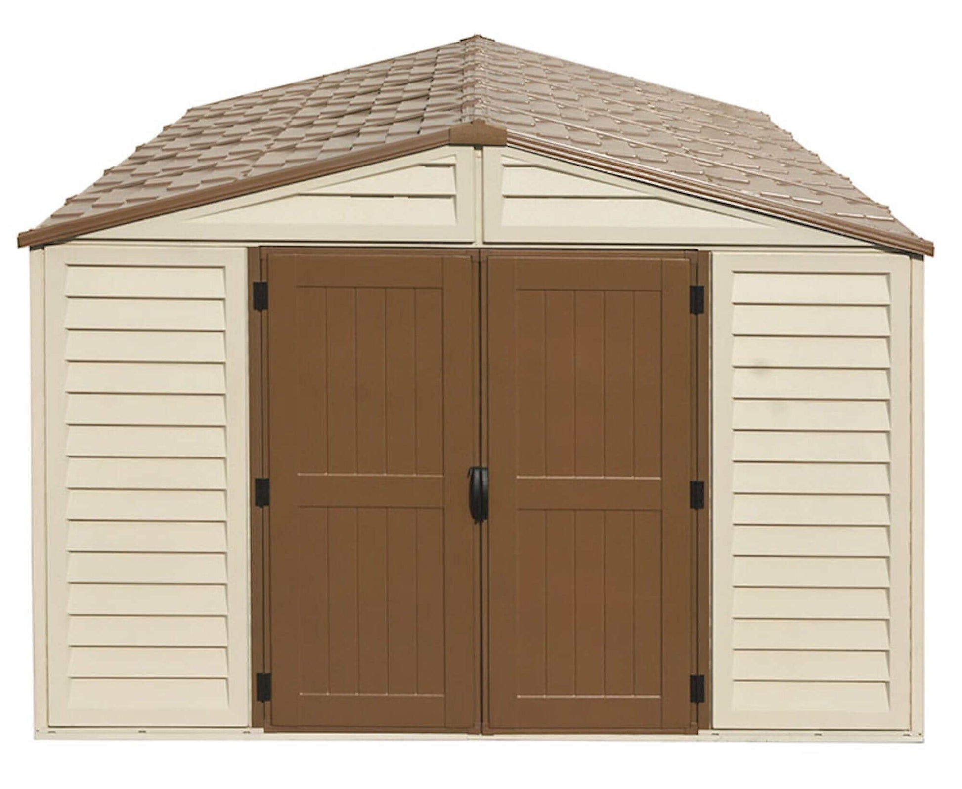 Duramax Vinyl Shed 10.5x13 Woodbridge Plus with brown doors and a peaked roof for outdoor storage solutions.