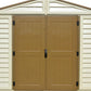 Duramax Vinyl Shed 10.5x13 Woodbridge Plus featuring double doors and a shed roof design.