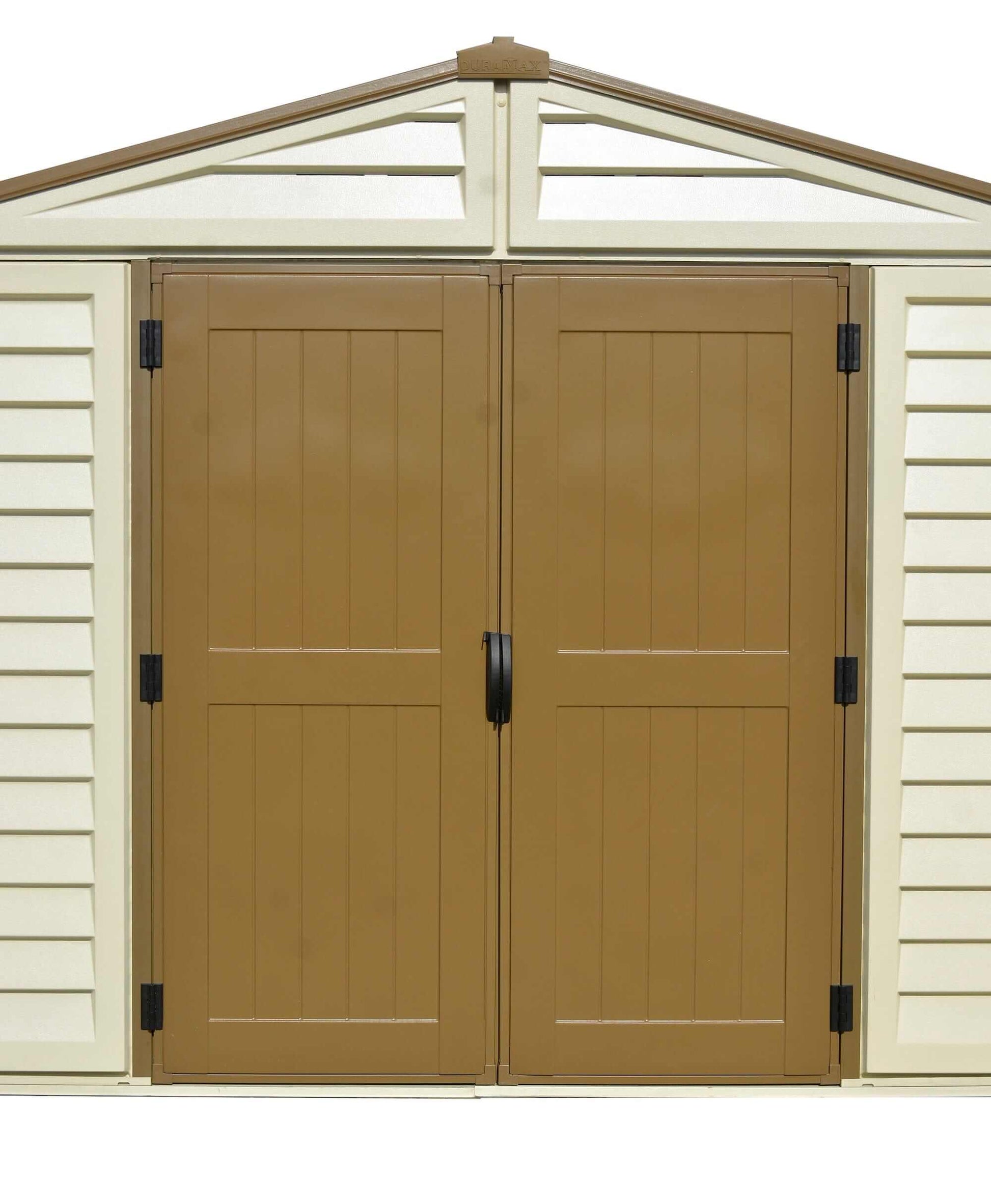 Duramax Vinyl Shed 10.5x13 Woodbridge Plus featuring double doors and a shed roof design.