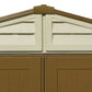 Duramax Vinyl Shed 10.5x13 Woodbridge Plus roof and double doors, ideal for outdoor storage needs.