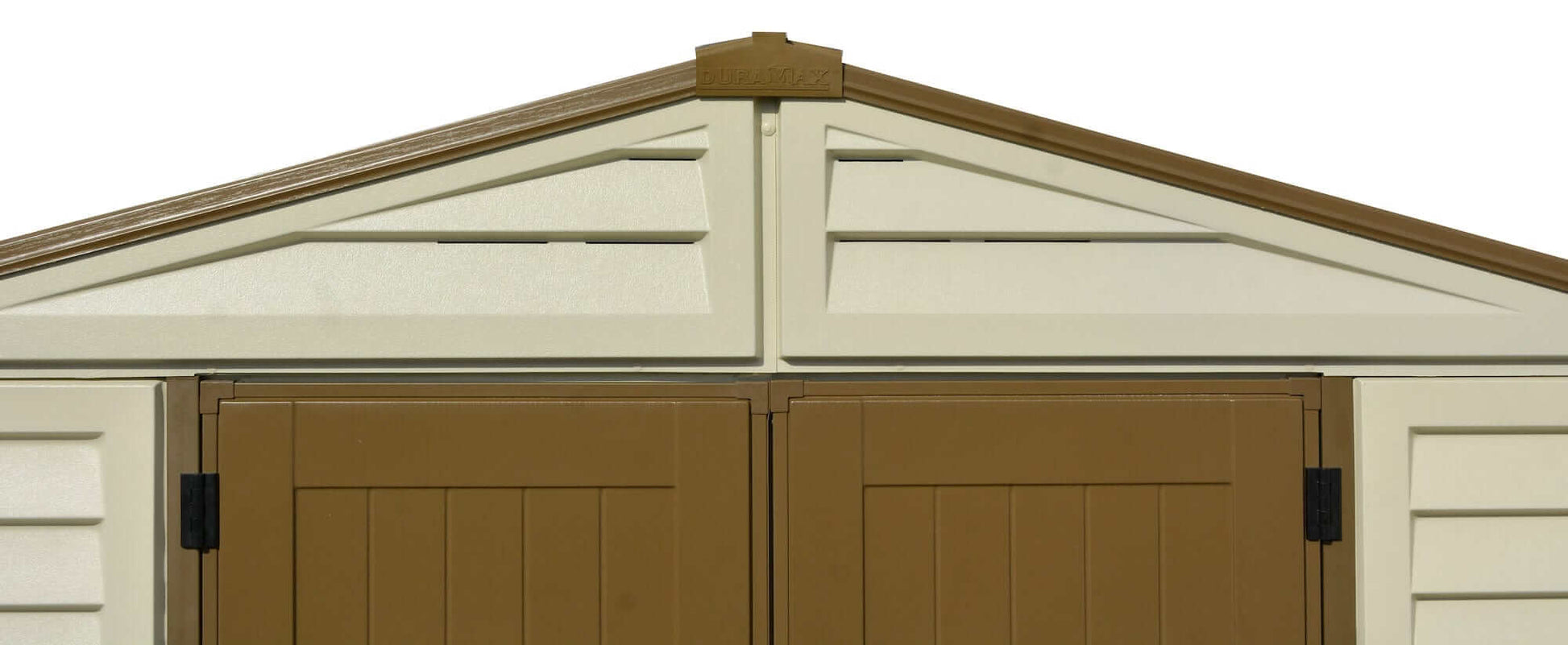 Duramax Vinyl Shed 10.5x13 Woodbridge Plus roof and double doors, ideal for outdoor storage needs.