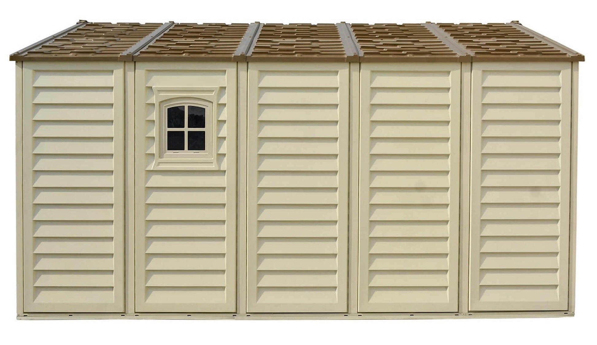 Duramax Vinyl Shed 10.5x13 Woodbridge Plus with a window and sloped roof design.