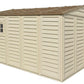 Duramax 10.5x13 Woodbridge Plus vinyl shed with foundation, side view showcasing spacious design and window.