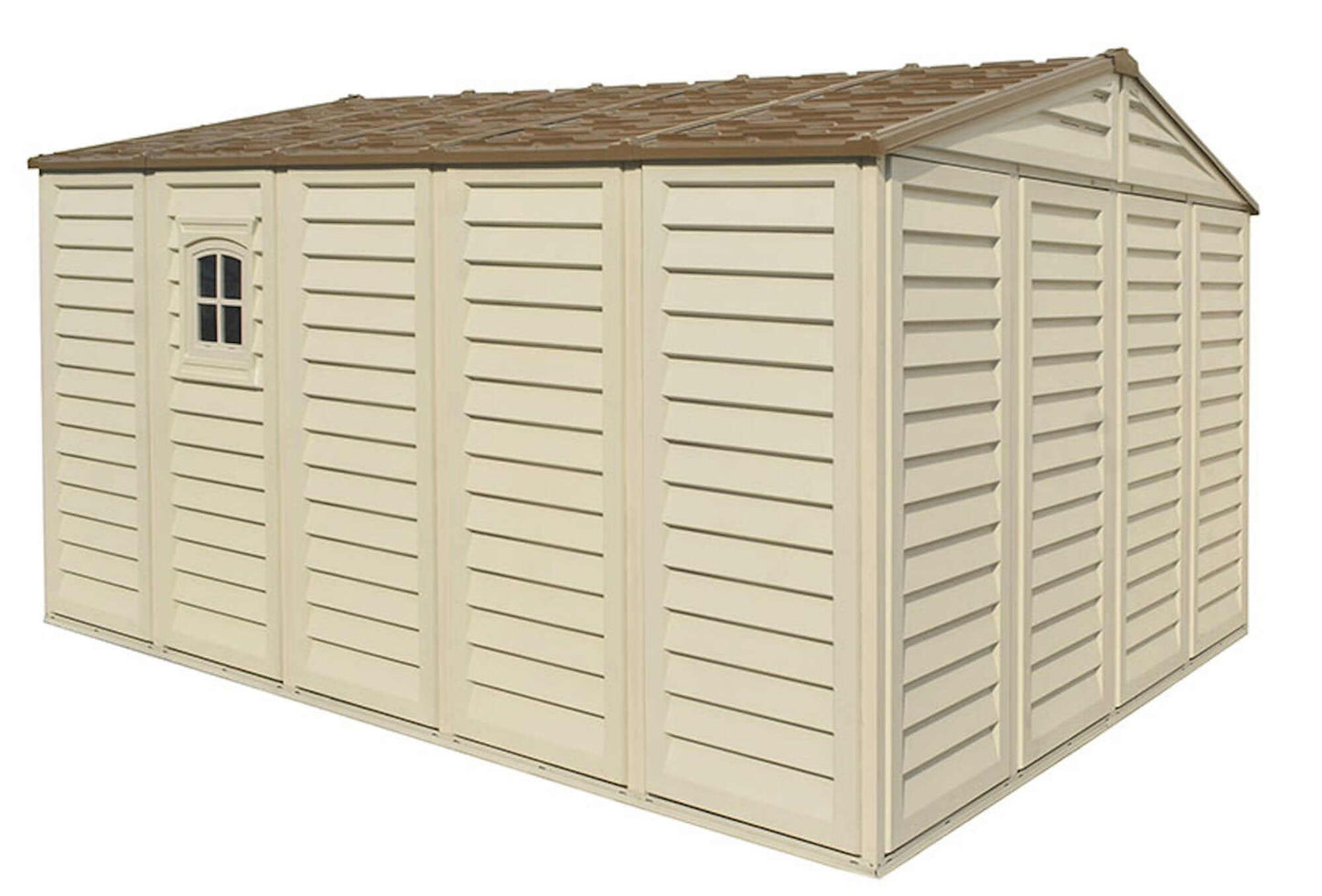 Duramax 10.5x13 Woodbridge Plus vinyl shed with foundation, side view showcasing spacious design and window.