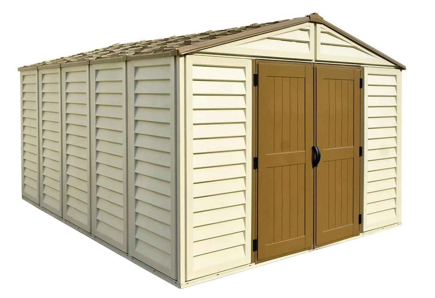 Duramax Vinyl Shed 10.5x13 Woodbridge Plus with Foundation, spacious outdoor storage solution.