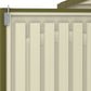 Close-up of the Duramax Vinyl Shed wall detail with green trim and textured beige panels.