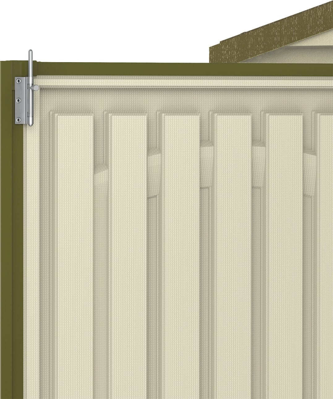 Close-up of the Duramax Vinyl Shed wall detail with green trim and textured beige panels.