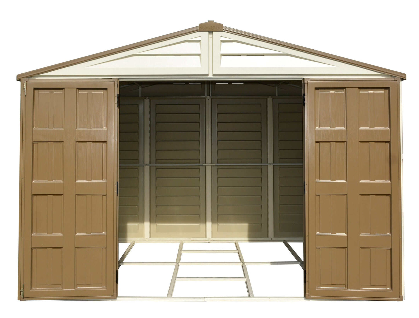 Duramax Vinyl Shed 10.5x8 Woodbridge Plus with open doors showcasing interior storage space.